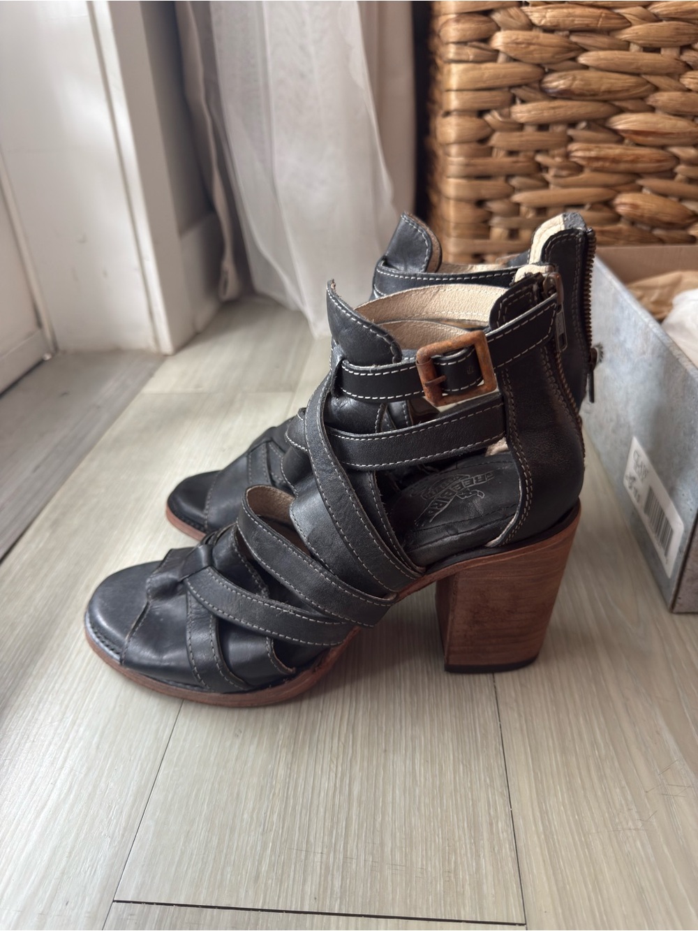 Freebird by Steven Black Strappy Leather Ankle Booties with Wood Block Heel